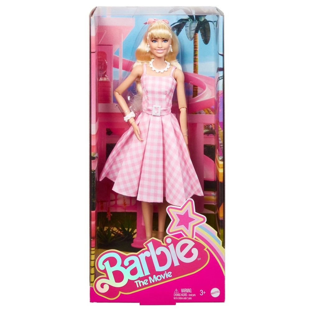 Barbie The Movie Doll in Pink and white patterned Dress